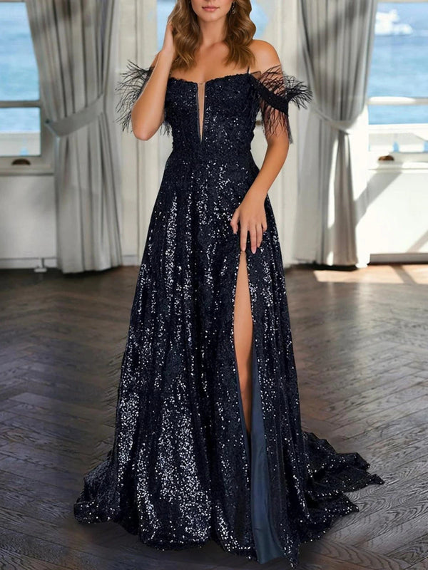 A-Line/Princess V-Neck Sleeveless Floor-length Sequined Evening Dresses with Pearls BabaMila