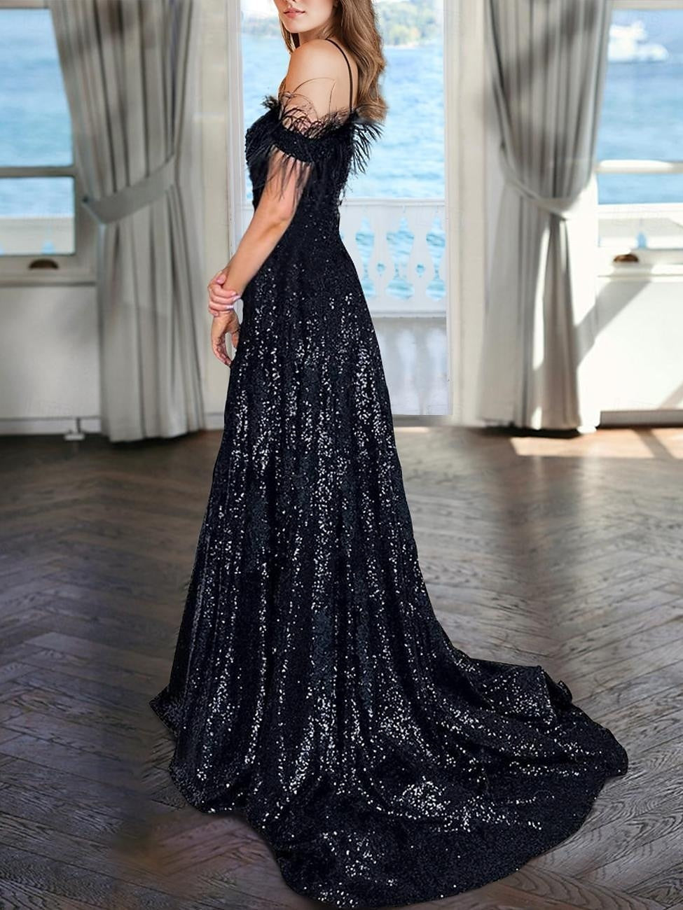 A-Line/Princess V-Neck Sleeveless Floor-length Sequined Evening Dresses with Pearls BabaMila