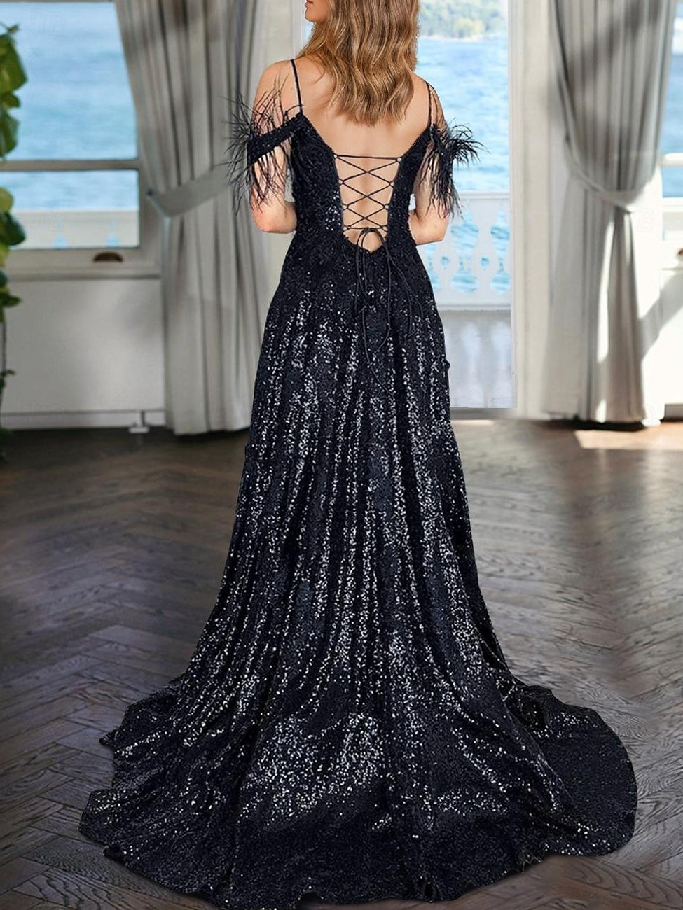 A-Line/Princess V-Neck Sleeveless Floor-length Sequined Evening Dresses with Pearls BabaMila