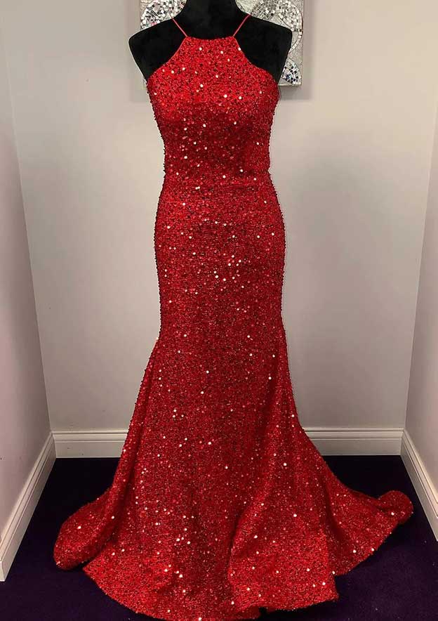 Mermaid/Trumpet Halter Sleeveless Long Prom Dresses With Sequins BabaMila