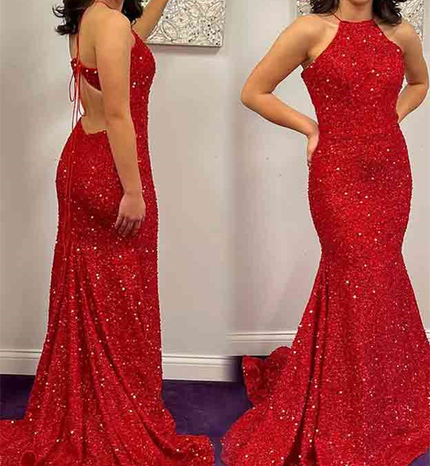 Mermaid/Trumpet Halter Sleeveless Long Prom Dresses With Sequins BabaMila