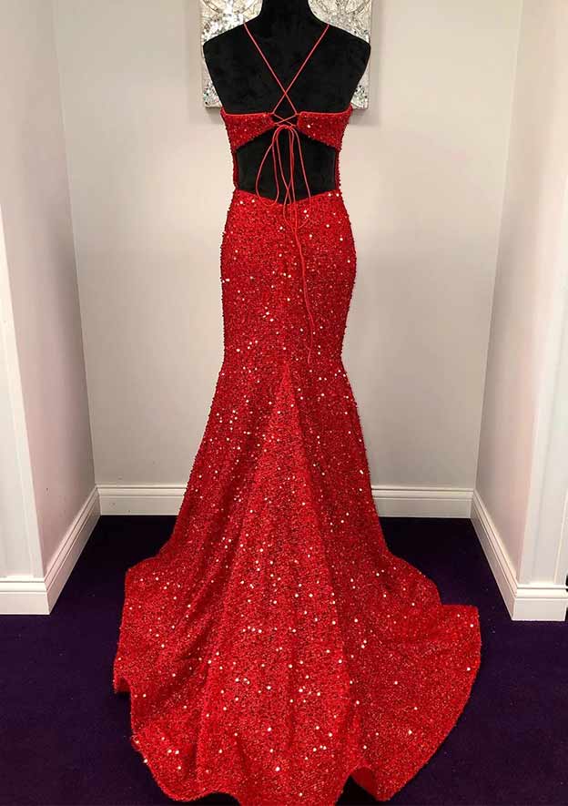 Mermaid/Trumpet Halter Sleeveless Long Prom Dresses With Sequins BabaMila