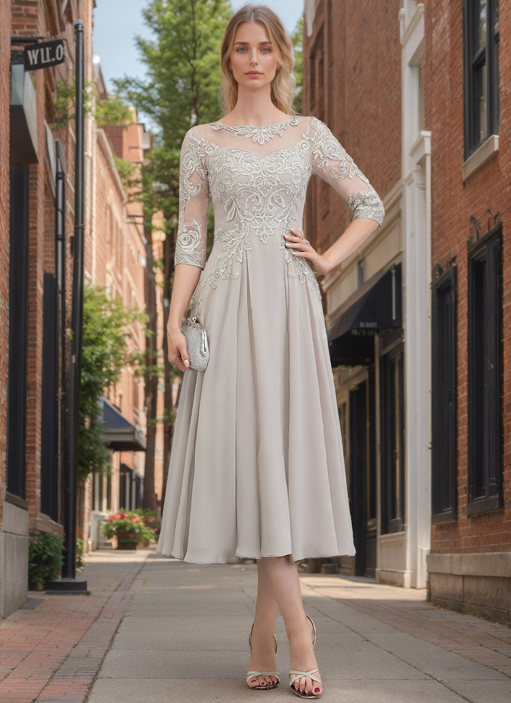 A-Line/Princess Scoop Neck Half Sleeves Tea-Length Mother Of The Bride Dresses With Appliques & Lace BabaMila