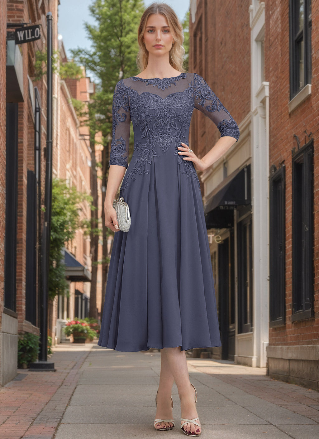 A-Line/Princess Scoop Neck Half Sleeves Tea-Length Mother Of The Bride Dresses With Appliques & Lace BabaMila