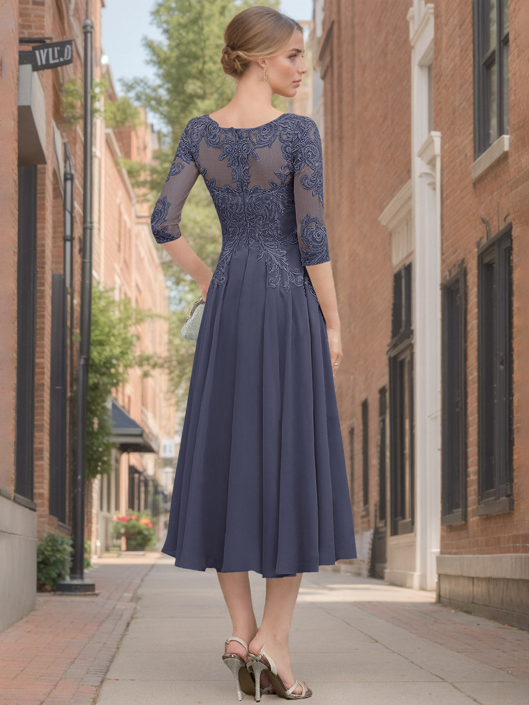 A-Line/Princess Scoop Neck Half Sleeves Tea-Length Mother Of The Bride Dresses With Appliques & Lace BabaMila