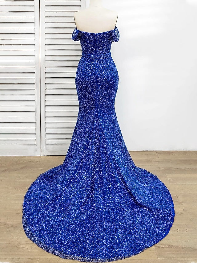 Sheath/Column Off-the-Shoulder Sweep Train/Floor-length Prom Dresses With Sequins BabaMila