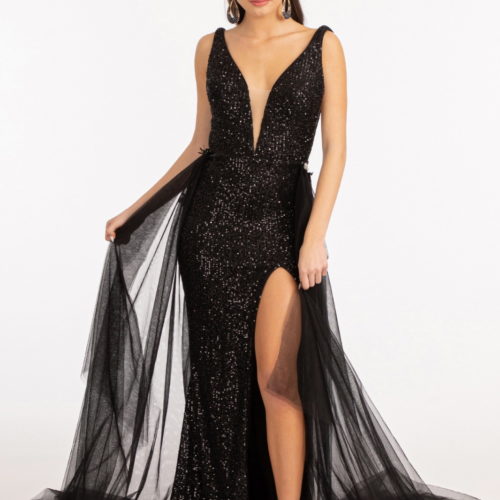 Sheath/Column V-Neck Sleeveless Sweep Train/Floor-Length Long Prom Dresses with Split Side/Sequins BabaMila