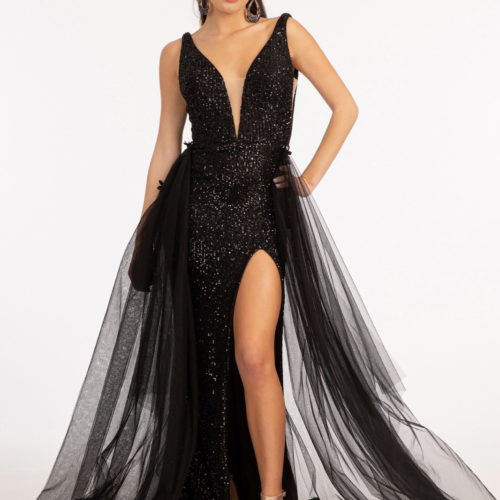 Sheath/Column V-Neck Sleeveless Sweep Train/Floor-Length Long Prom Dresses with Split Side/Sequins BabaMila