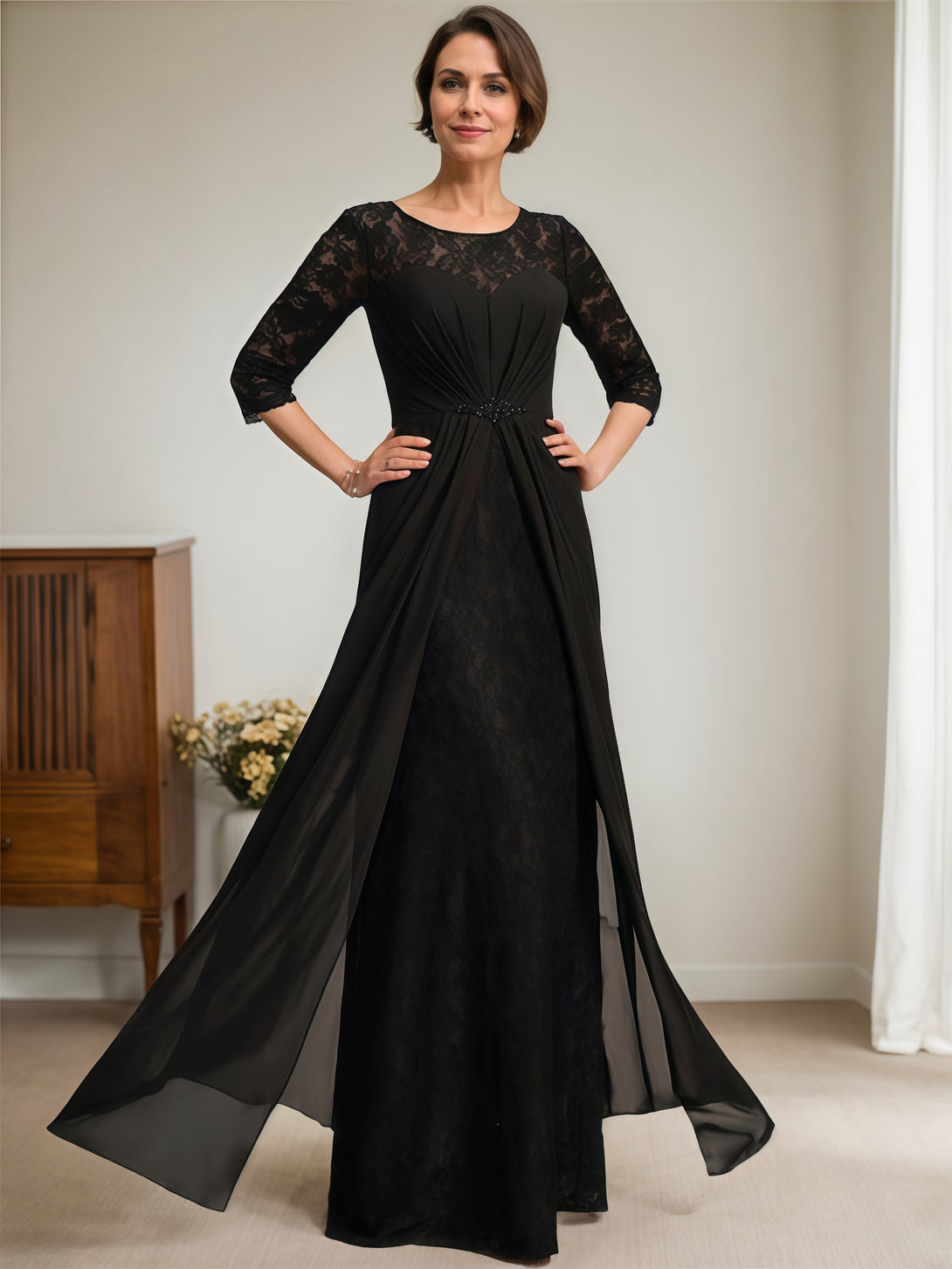 Illusion Scoop Neck Half Sleeve Floor-Length Lace/Chiffon Mother of the Bride Dress With Beads/Pleated BabaMila