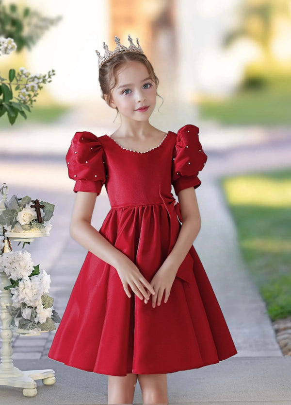 Scoop Neck Puff Sleeve Knee-Length Satin Girls Birthday Dresses With Bow/Beads Girls Gidiondress