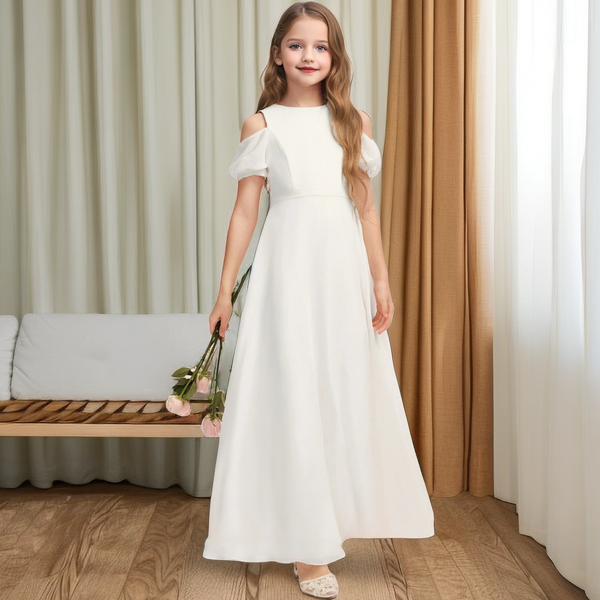 Simple Boat Neck Cold Shoulder Chiffon Floor-Length Ivory Junior Bridesmaid Dress/Girls Birthday Dresses With Belt Girls Gidiondress