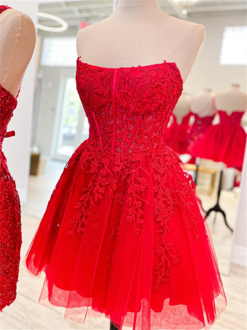 A-Line/Princess Strapless Sleeveless Short/Mini Party Dance Cocktail Homecoming Dress With Appliques BabaMila
