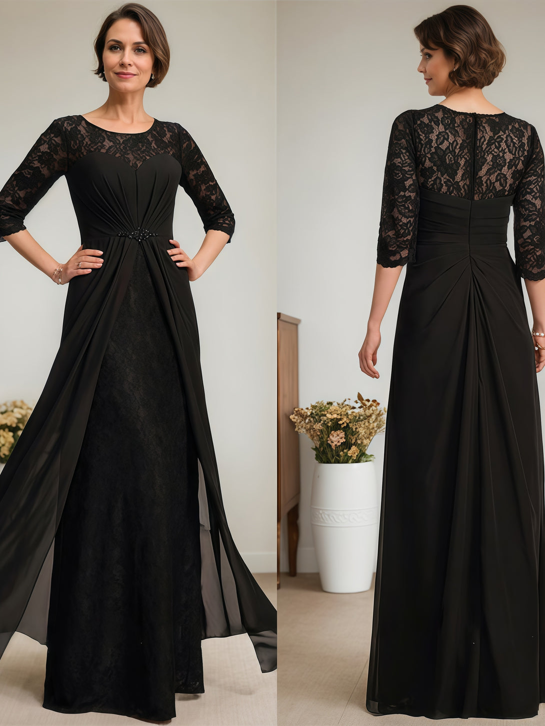 Illusion Scoop Neck Half Sleeve Floor-Length Lace/Chiffon Mother of the Bride Dress With Beads/Pleated BabaMila