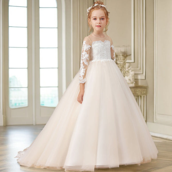 Ball Gown Long Sleeve Scoop Neck Floor-Length Sweep Train Tulle/Lace Flower Girl Dresses/First Communion Dress With Appliques Gidiondress