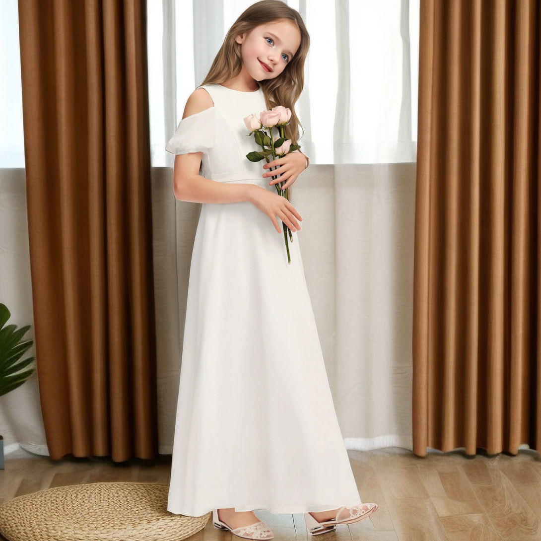 Simple Boat Neck Cold Shoulder Chiffon Floor-Length Ivory Junior Bridesmaid Dress/Girls Birthday Dresses With Belt Girls Gidiondress Ivory 12M