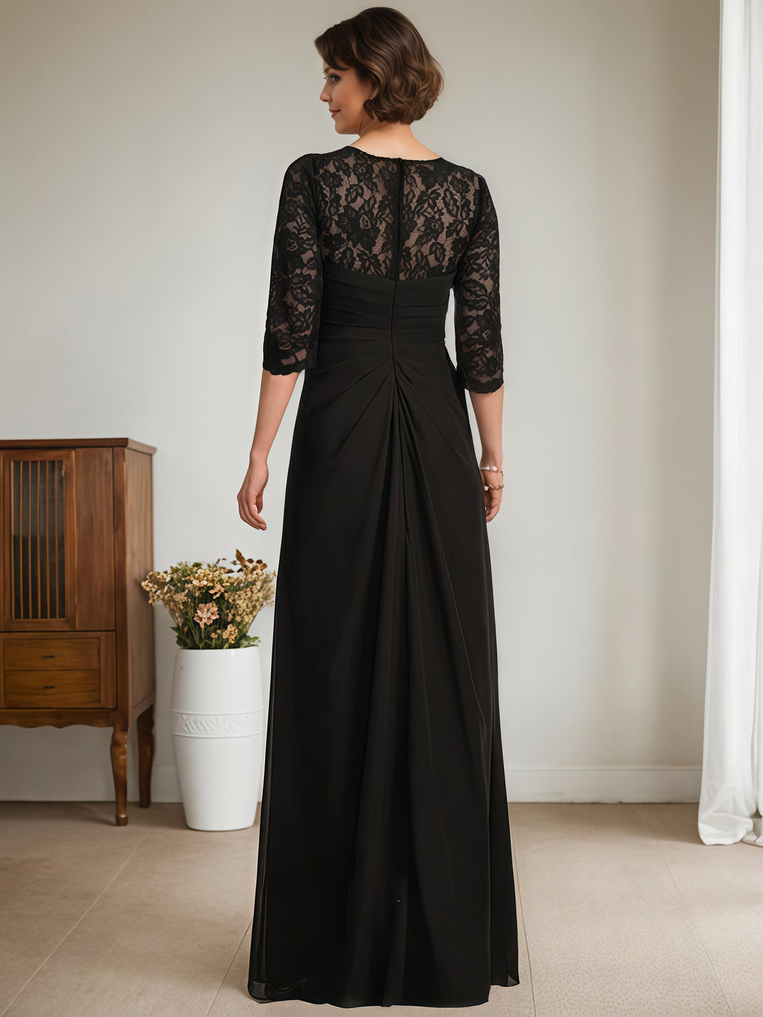 Illusion Scoop Neck Half Sleeve Floor-Length Lace/Chiffon Mother of the Bride Dress With Beads/Pleated BabaMila
