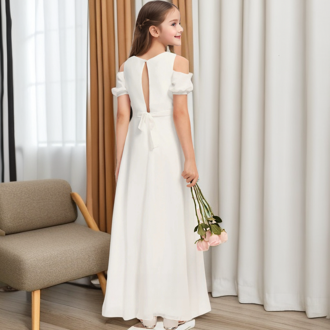 Simple Boat Neck Cold Shoulder Chiffon Floor-Length Ivory Junior Bridesmaid Dress/Girls Birthday Dresses With Belt Girls Gidiondress