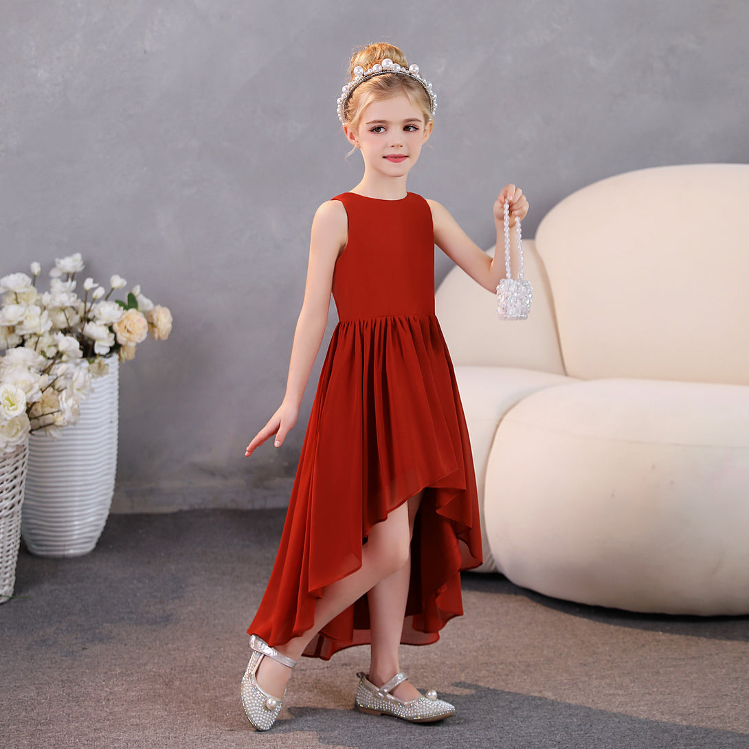 Girls Birthday Dresses Simple Scoop Neck Sleeveless Chiffon Asymmetrical Junior Bridesmaid Dress/Party Dresses With Pleated Gidiondress