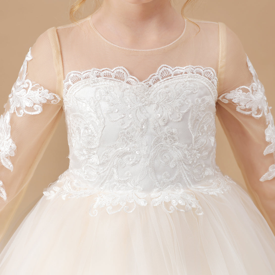 Ball Gown Long Sleeve Scoop Neck Floor-Length Sweep Train Tulle/Lace Flower Girl Dresses/First Communion Dress With Appliques Gidiondress