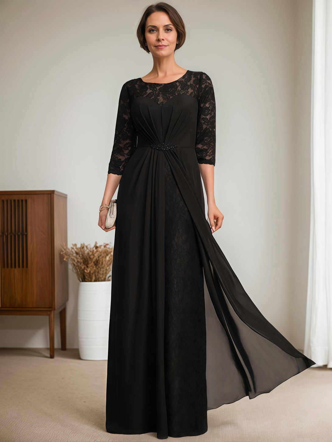 Illusion Scoop Neck Half Sleeve Floor-Length Lace/Chiffon Mother of the Bride Dress With Beads/Pleated BabaMila