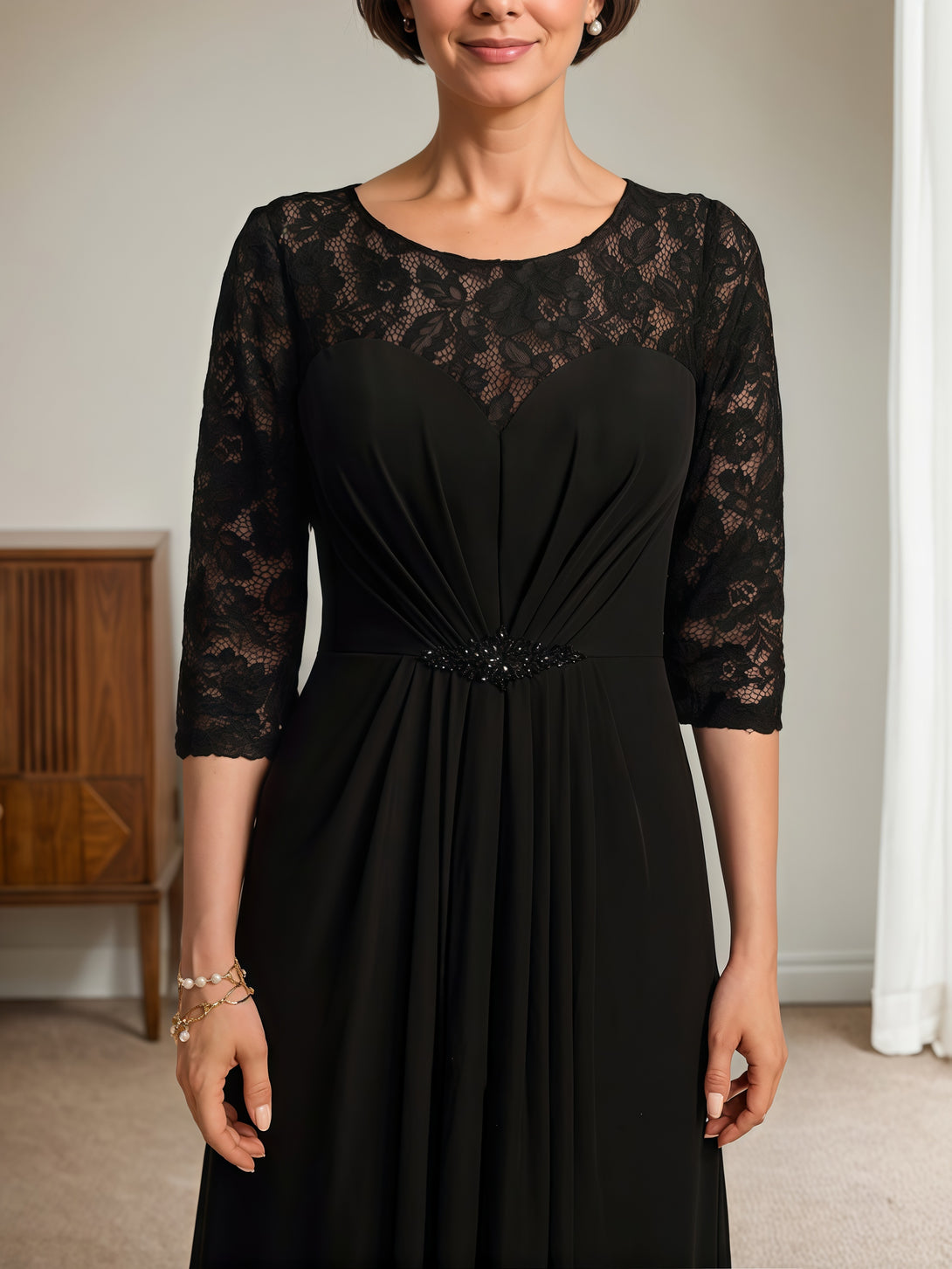 Illusion Scoop Neck Half Sleeve Floor-Length Lace/Chiffon Mother of the Bride Dress With Beads/Pleated BabaMila