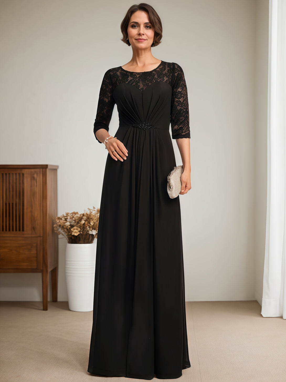 Illusion Scoop Neck Half Sleeve Floor-Length Lace/Chiffon Mother of the Bride Dress With Beads/Pleated BabaMila