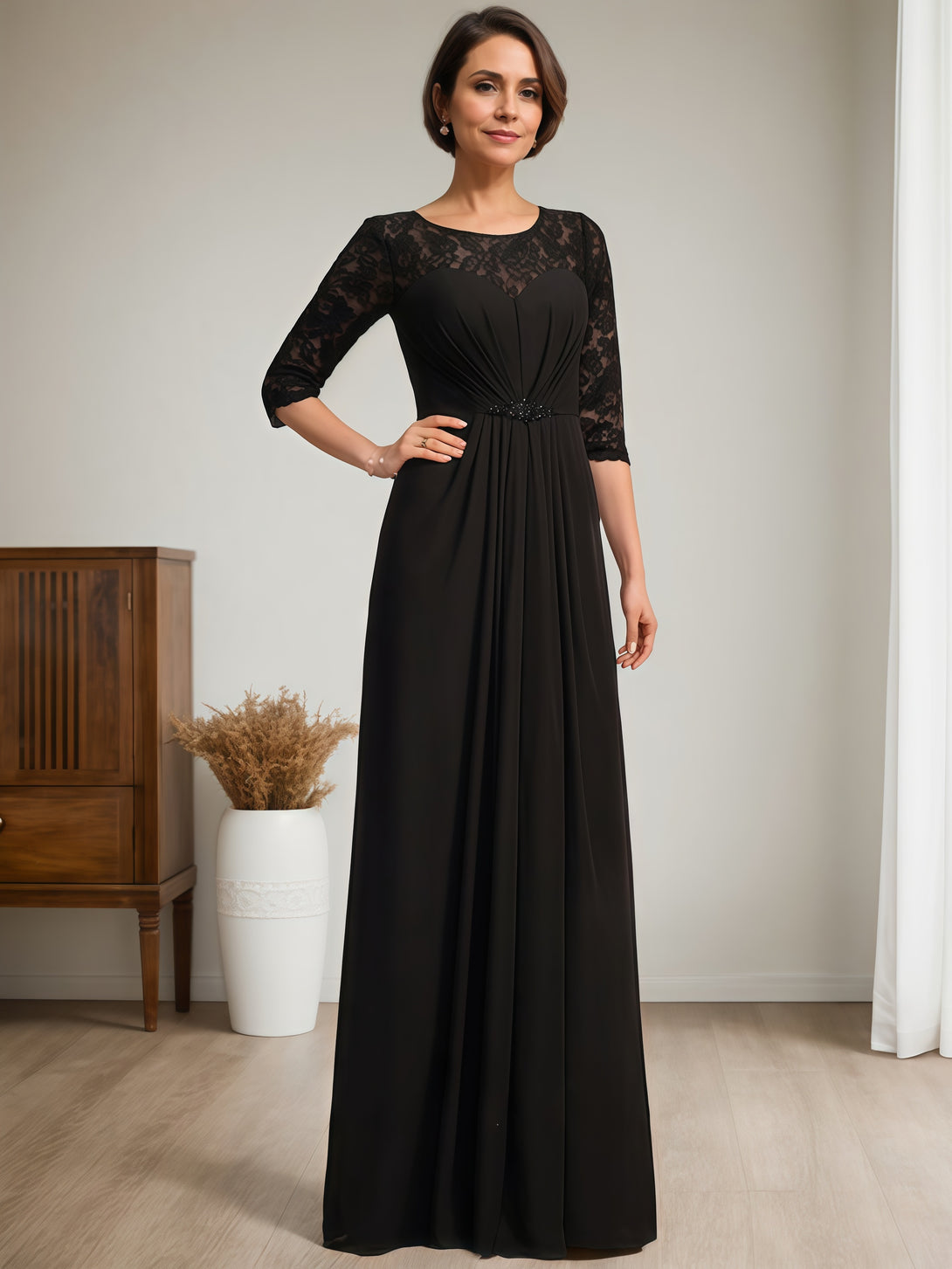 Illusion Scoop Neck Half Sleeve Floor-Length Lace/Chiffon Mother of the Bride Dress With Beads/Pleated BabaMila