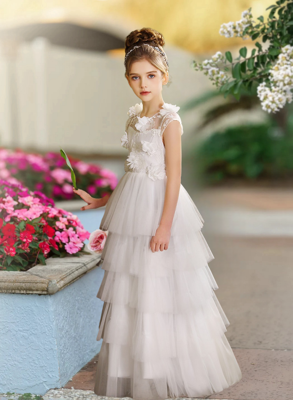Scoop Neck Sleeveless Floor-Length Lace/Tulle/Chiffon Flower Girl Dresses With 3D Flower Girls Gidiondress