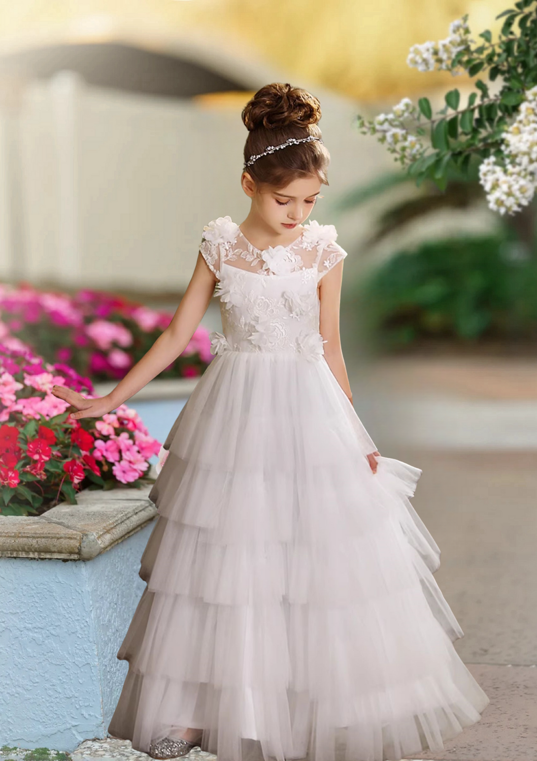 Scoop Neck Sleeveless Floor-Length Lace/Tulle/Chiffon Flower Girl Dresses With 3D Flower Girls Gidiondress