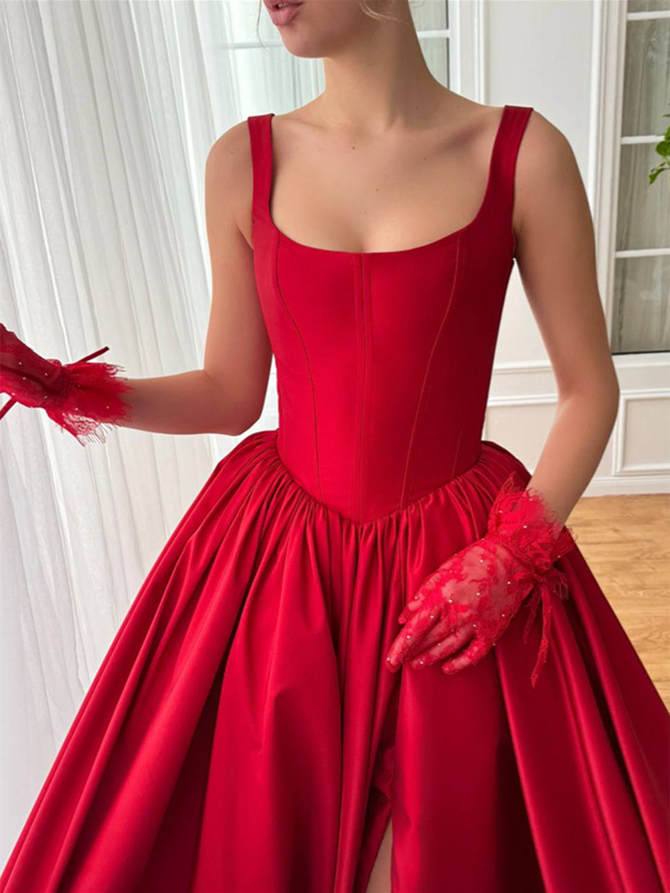 A-Line/Princess Square Neck Evening Dresses Spaghetti Straps Sleeveless Floor-Length Prom Dresses BabaMila