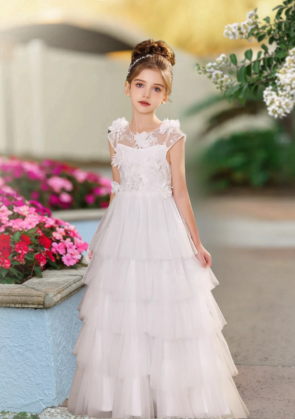 Scoop Neck Sleeveless Floor-Length Lace/Tulle/Chiffon Flower Girl Dresses With 3D Flower Girls Gidiondress