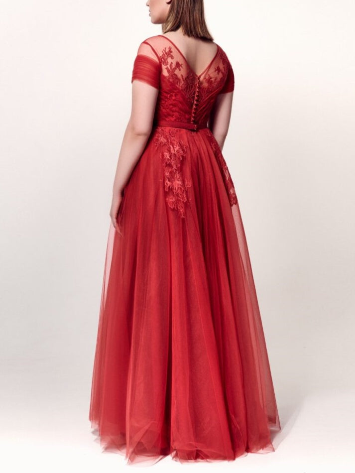 A-Line/Princess Jewel Neck Short Sleeves Ankle-Length Plus Size Prom Dress with Applique BabaMila