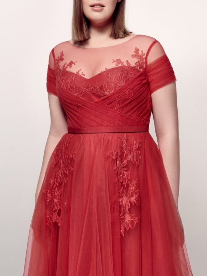 A-Line/Princess Jewel Neck Short Sleeves Ankle-Length Plus Size Prom Dress with Applique BabaMila