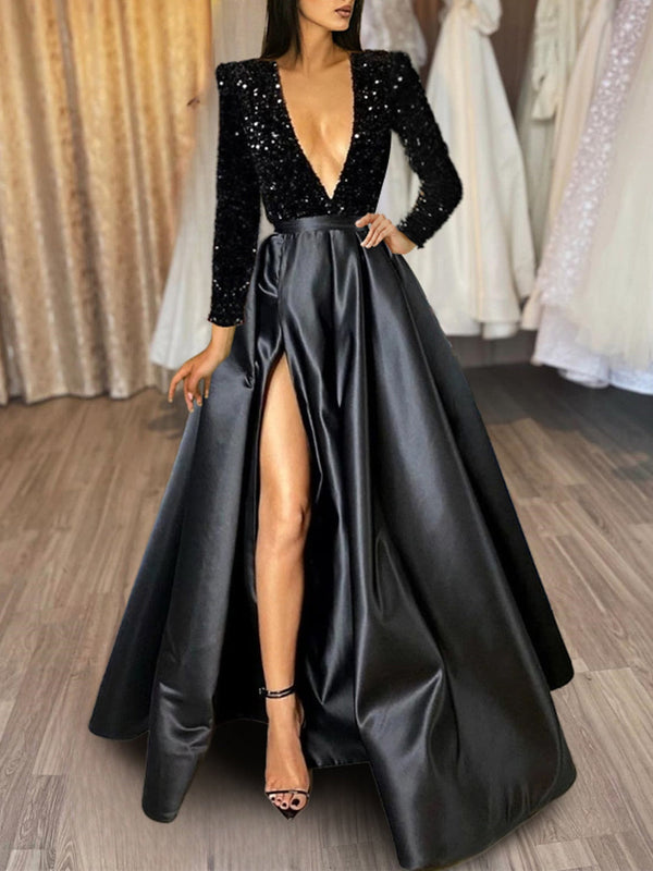 A-Line/Princess Satin V-Neck Long Prom Dresses With Split Side/Sequins BabaMila