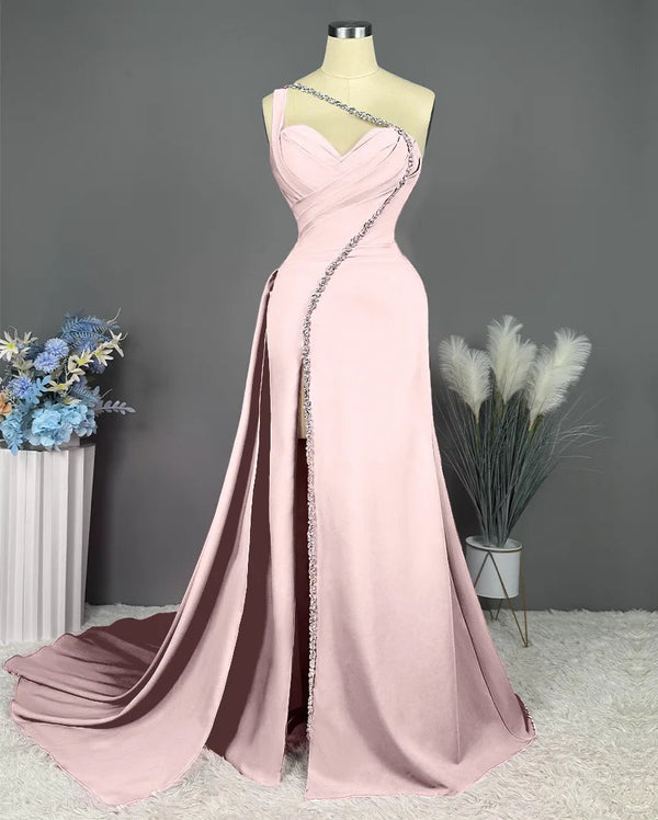Sheath/Column One-Shoulder Sweep Train/Floor-Length Long Formal Evening Dresses With Slit/Pleated/Beadings BabaMila