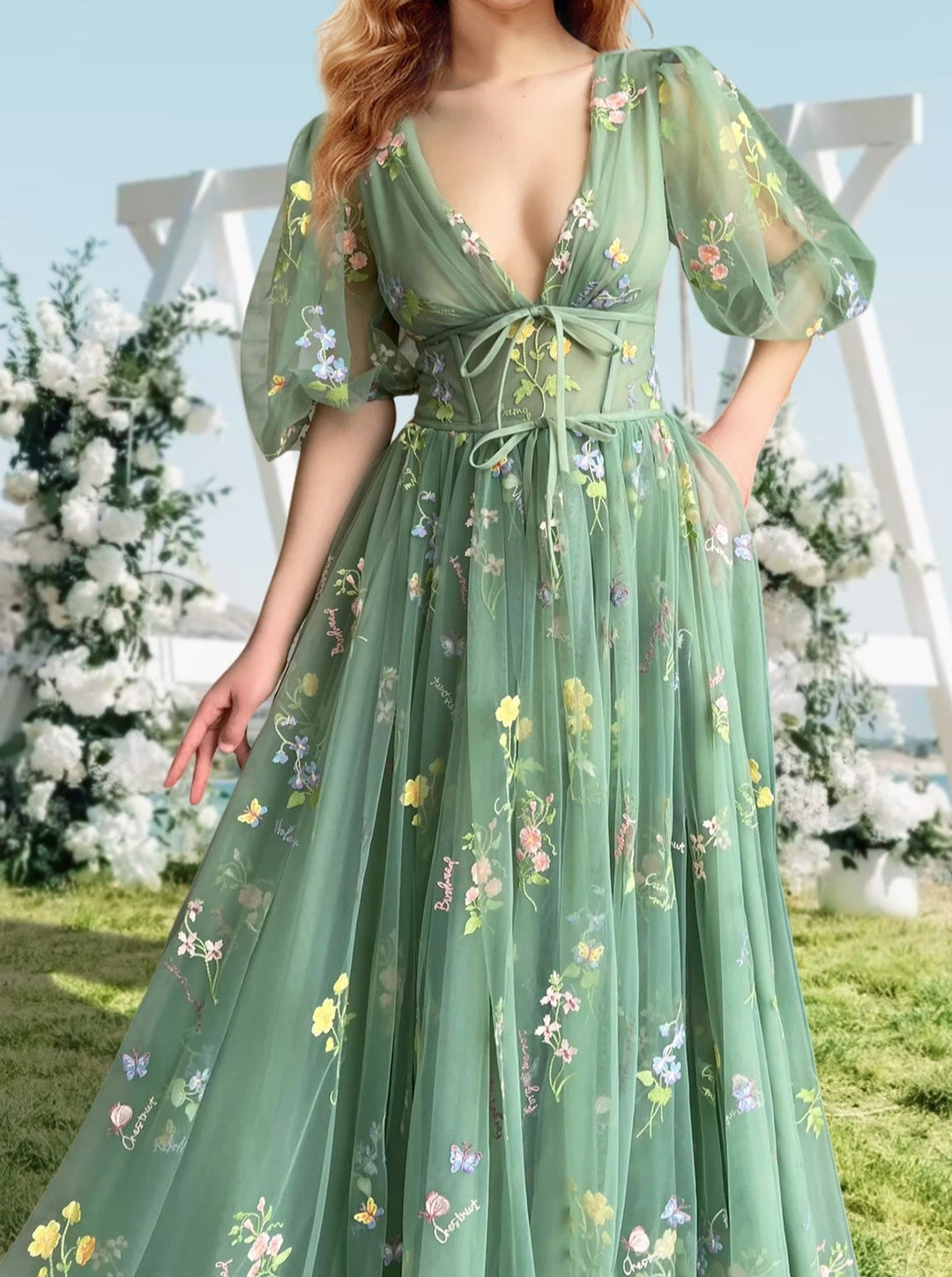 A-Line/Princess V-Neck Short Sleeves Floral Long Formal Prom Dresses With Flowers BabaMila