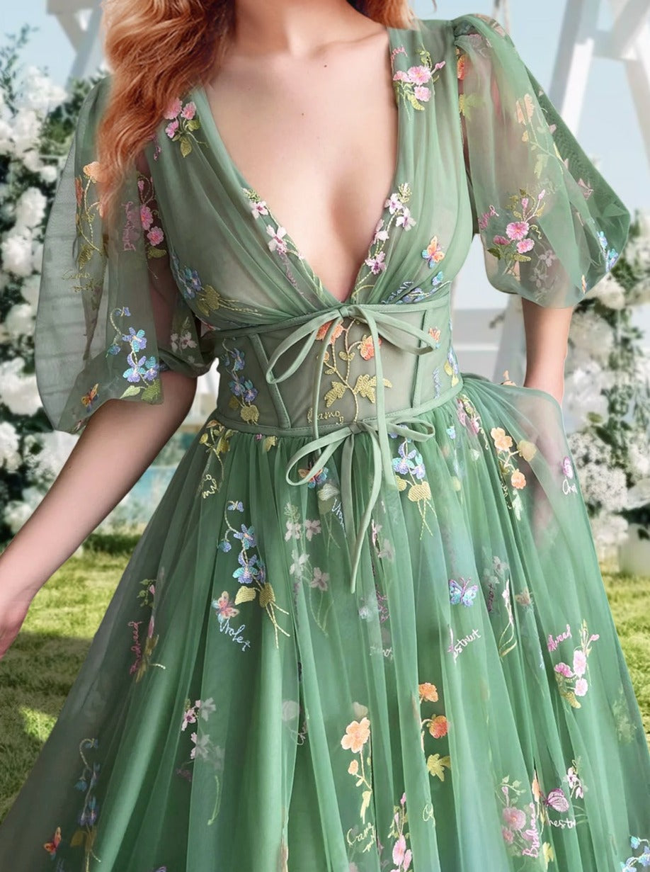 A-Line/Princess V-Neck Short Sleeves Floral Long Formal Prom Dresses With Flowers BabaMila