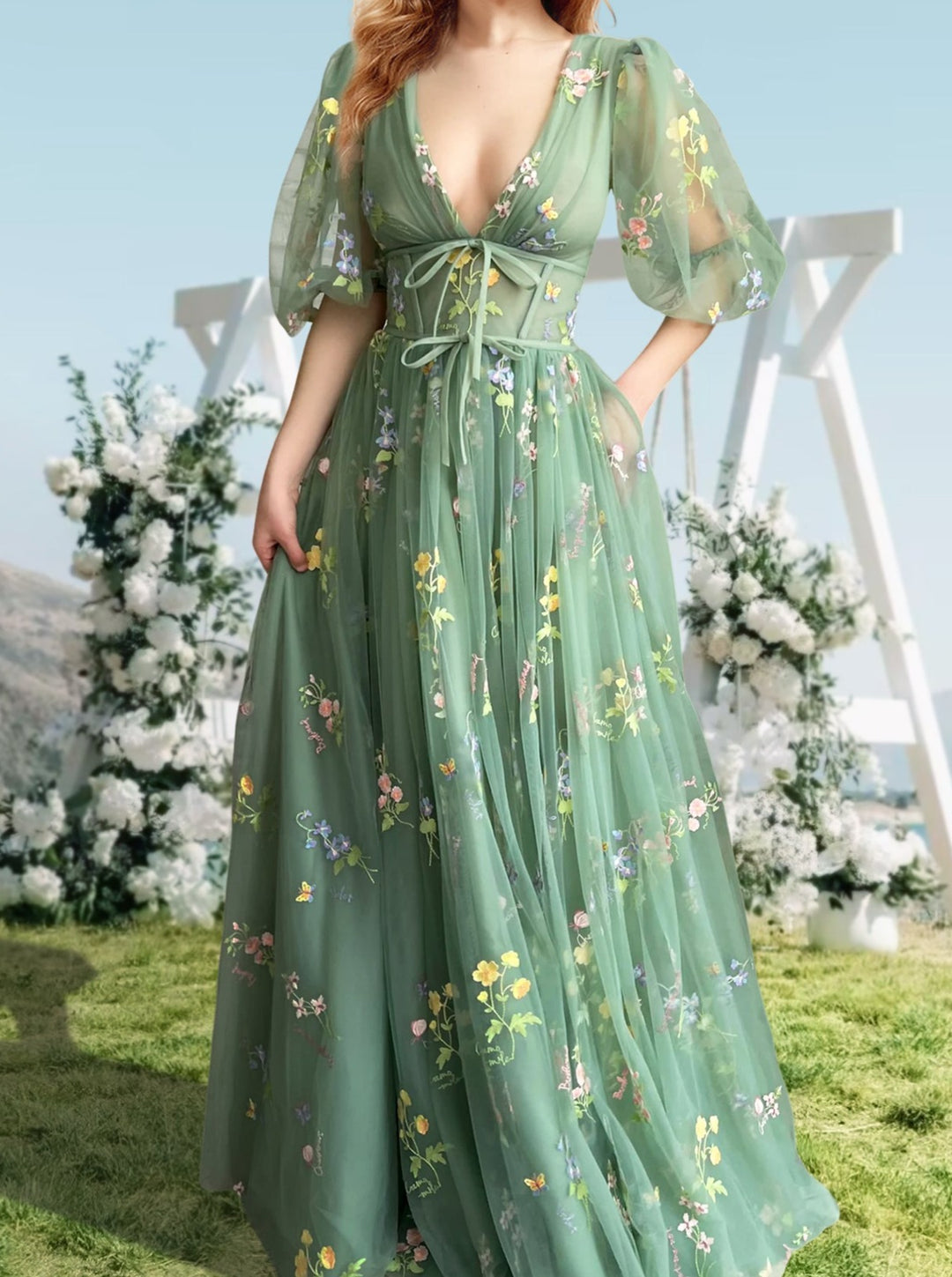 A-Line/Princess V-Neck Short Sleeves Floral Long Formal Prom Dresses With Flowers BabaMila