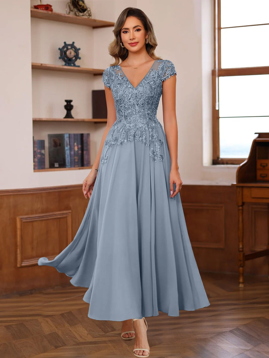 A-Line V-Neck Short Sleeves Ankle-Length Mother Of The Bride Dresses With Lace Appliques BabaMila