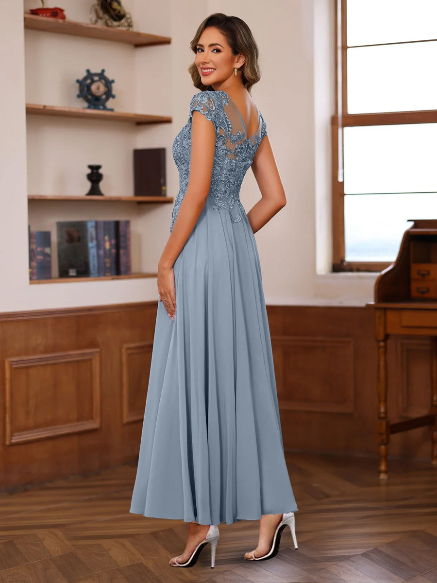 A-Line V-Neck Short Sleeves Ankle-Length Mother Of The Bride Dresses With Lace Appliques BabaMila