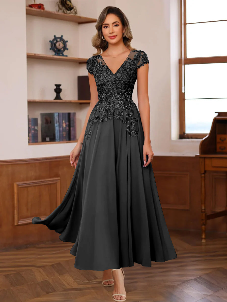 A-Line V-Neck Short Sleeves Ankle-Length Mother Of The Bride Dresses With Lace Appliques BabaMila