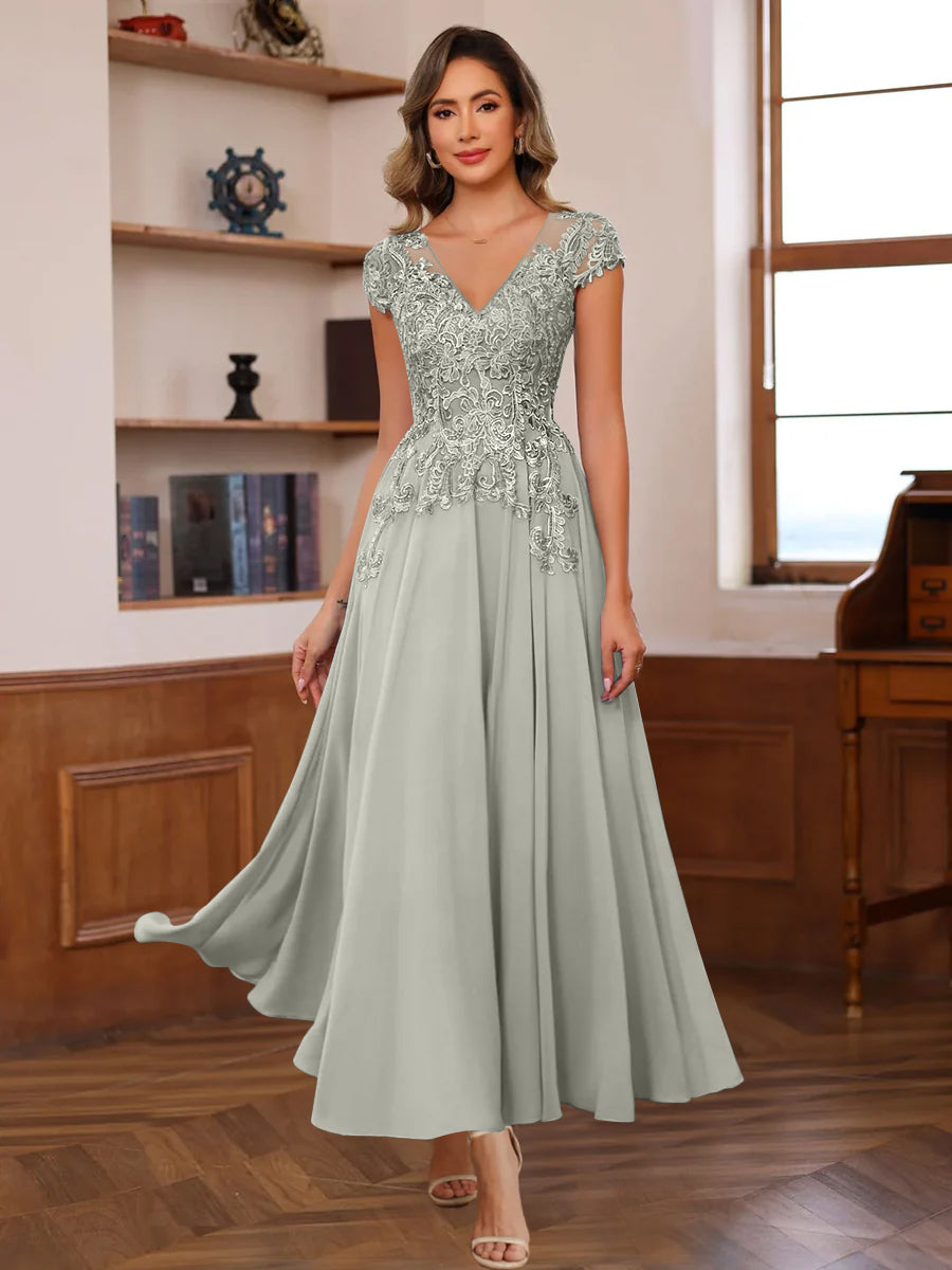 A-Line V-Neck Short Sleeves Ankle-Length Mother Of The Bride Dresses With Lace Appliques BabaMila