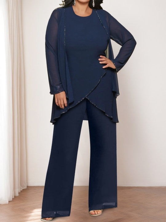 Chiffon Round Neck Mother Of The Bride Pantsuits With Jacket BabaMila