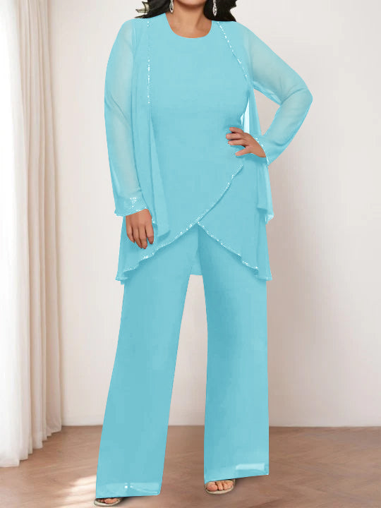Chiffon Round Neck Mother Of The Bride Pantsuits With Jacket BabaMila