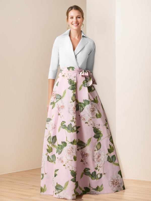 A-Line/Princess V-Neck 3/4 Sleeves Printed Floral Mother Of The Bride Dresses With Bow Belt BabaMila
