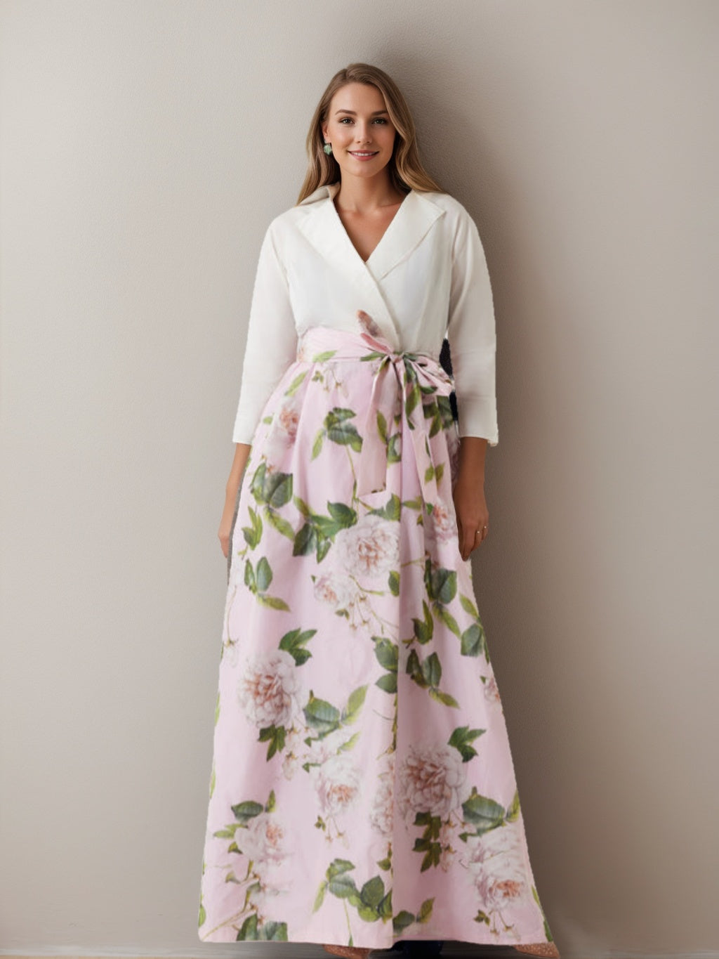 A-Line/Princess V-Neck 3/4 Sleeves Printed Floral Mother Of The Bride Dresses With Bow Belt BabaMila