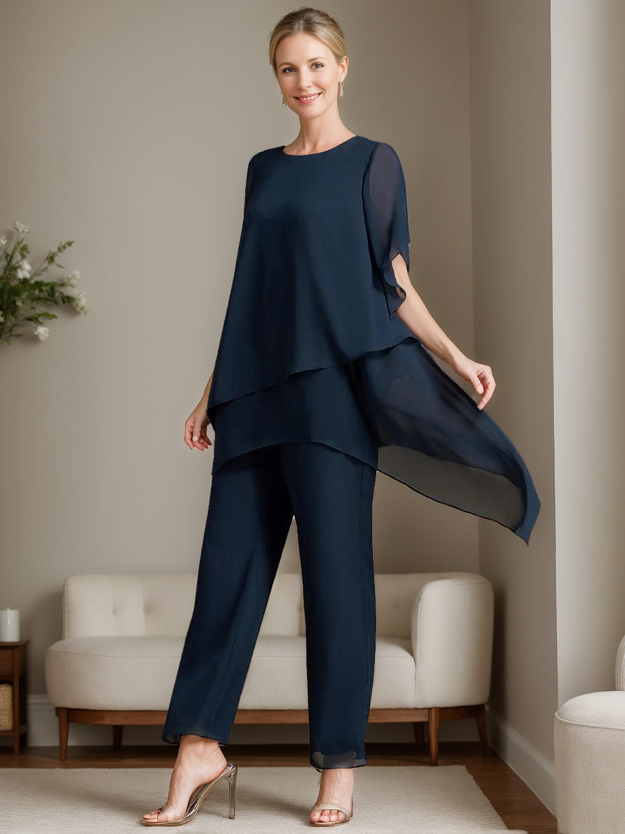 2 Pieces Chiffon Elegant Round Neck Mother Of The Bride Pantsuits With Ruffles BabaMila