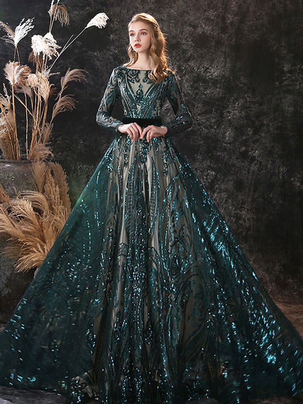 A-Line/Princess Scoop Neck Long Sleeves Court Train Evening Dresses With Lace BabaMila