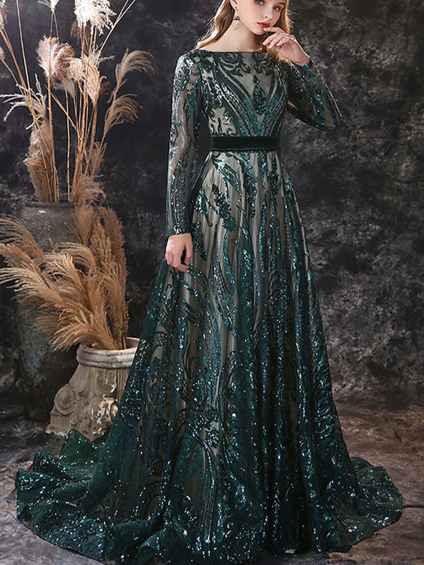 A-Line/Princess Scoop Neck Long Sleeves Court Train Evening Dresses With Lace BabaMila