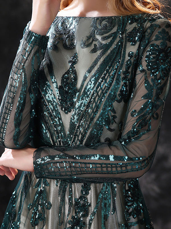 A-Line/Princess Scoop Neck Long Sleeves Court Train Evening Dresses With Lace BabaMila